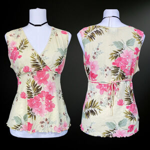 Vintage Fashion Bug Womens Floral Y2K Babydoll Top Size L Fairy Tie Back Sheer